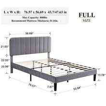 VECELO Modern Velvet Double Bed Frame With Headboard - Upholstered Platform Bed, Sturdy Wooden Slats | No Box Spring Needed In Dark Grey - Dark Grey - View 8
