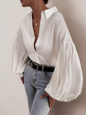 ELVA Women's French Elegant Drop Shoulder Long Sleeve Single-Breasted Loose Casual Spring/Summer Back To School Shirt