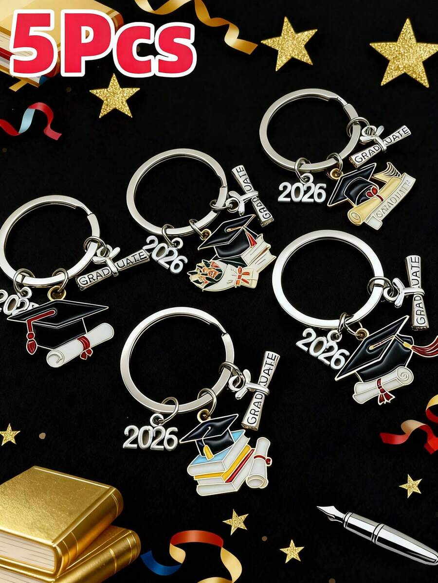 5pcs Unisex 2025-2026 Graduation Keychain, Cute Alloy Oil Drop Graduation Cap Keyring, Graduation Ceremony Souvenir Gift, Backpack & Handbag Pendant - Multicolor - View 1