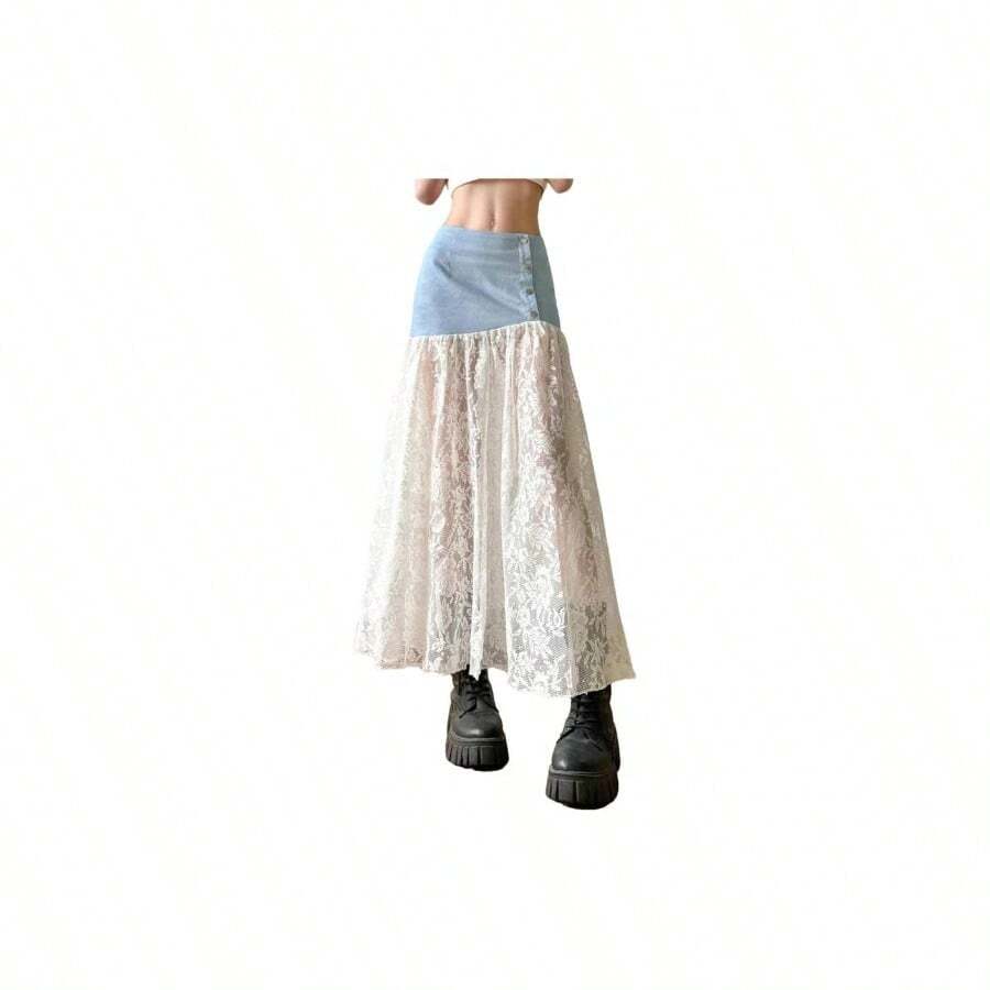Faldas de mezclilla de verano para mujer, con encaje acampanado, cintura baja, botones, falda larga microtransparente - M + Azul/claro - Ver 1