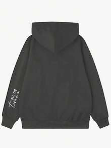 Sudadera casual de estilo universitario con bolsillo canguro y cordón, con estampado de eslogan, para uso diario y viajes, para otoño/invierno - Gris Oscuro - Ver 8