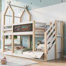 Bunk Bed 90x200, Children's Bed In A Treehouse Style With Chalkboard, Storage And Fall Protection, Children's Loft Bed – 2 Slatted Bed Bases – Natural And White (Without Mattress) - White - View 1