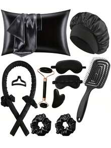 12-Piece Sleep Hair Styling Tool Set Including Curling Iron And Facial Massager, 1 Pillowcase, Queen Set For Hair And Skin, Heat-Free Curling Iron Set, Night Curling Iron, 1 Sleeping Eye Mask, 1 Satin Sleep Cap, Women's Facial Roller Skin Care Tool - Multicolor - View 3