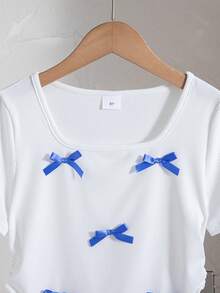 Bộ 2 áo thun tay ngắn cổ vuông màu trơn trang trí nơ và chân váy mini cho bé gái, mùa hè - Màu xanh lam - Xem 3
