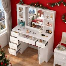 Large Dressing Table 6 Drawer Makeup Desk Dresser W/LED Mirror 7 Open Shelves - White - View 5