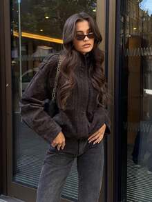 Women's Grey Suede Jacket, Oversized Stand Collar Long Sleeve Coat With Pockets For Spring Fall - Dark Grey - View 8