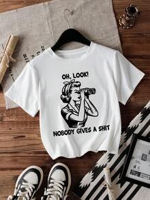 复古老派朋克摇滚哥特风，趣味图案人像动物印花T恤，女款纯色圆领短袖宽松休闲T恤 白色 - 白色 - 查看 1