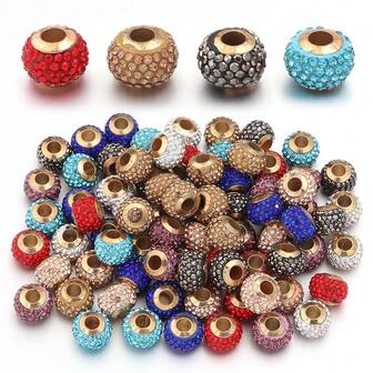 10 piezas/paquete Cuentas de Shamballa con Rhinestone de color dorado con agujero grande para hacer joyas DIY, cadenas de teléfono, pulseras, collares