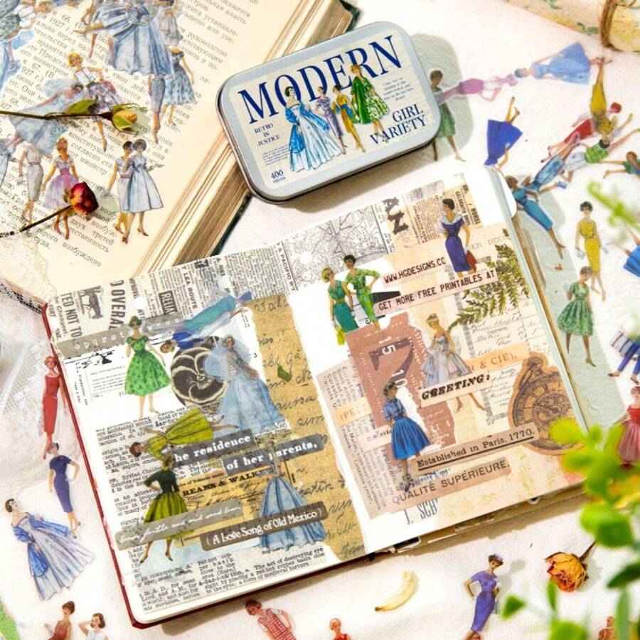 1 caja de 400 piezas de pegatinas de moda de estilo vintage para señoras, pegatinas decorativas para teléfono móvil, portátil, cuaderno, scrapbooking, diario, artes y manualidades - Azul - Ver 1
