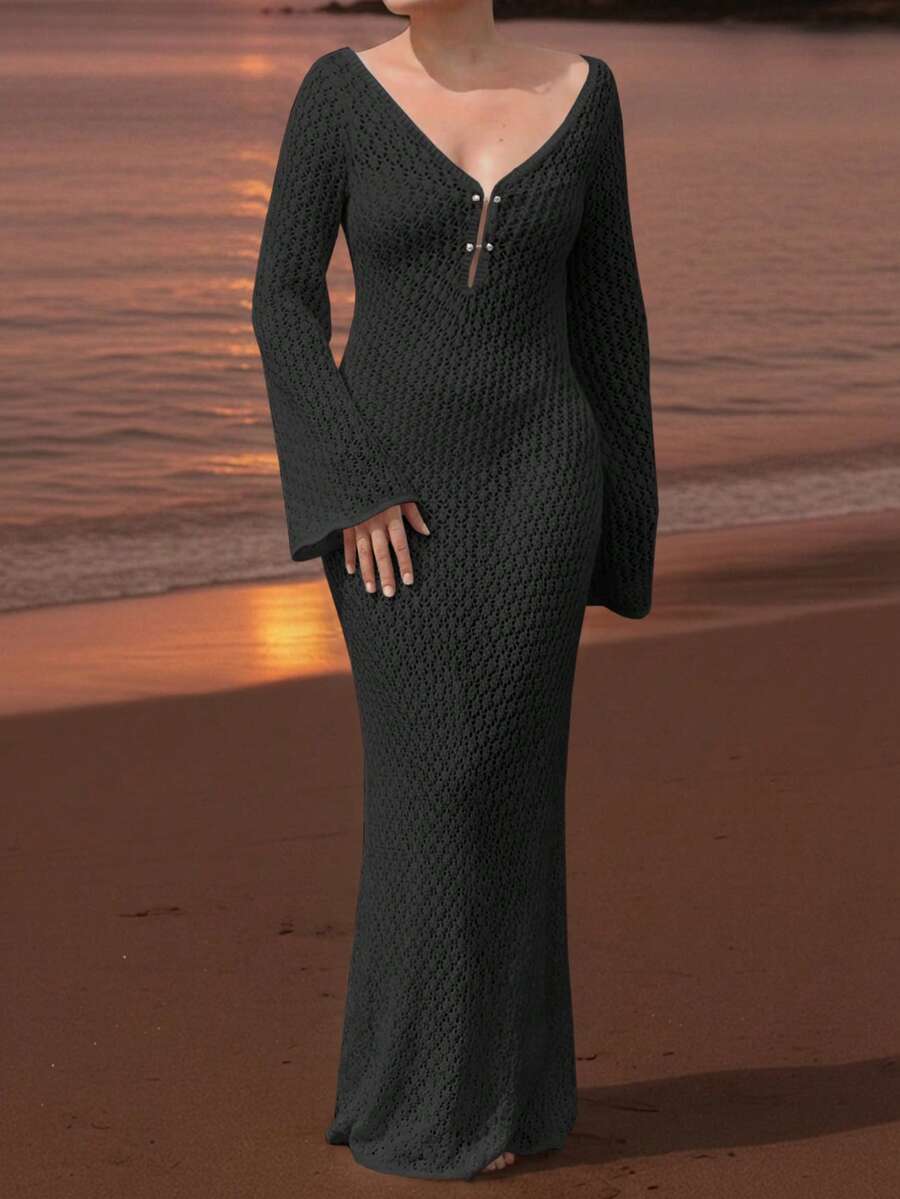 Women's Plus Size New Style Fashionable Sexy Beach Vacation Casual Hollow Long Sleeve Long Metal Nail Button Knit Loose Dress, Spring Summer Fall