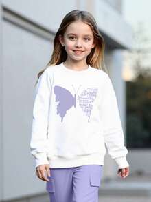 2pcs/Set Tween GirlsSpring/Autumn Long Sleeve Sweatshirt & Cargo Pants Set, Butterfly & Letter Print, Casual, Comfortable, Fashion - Mauve Purple - View 5