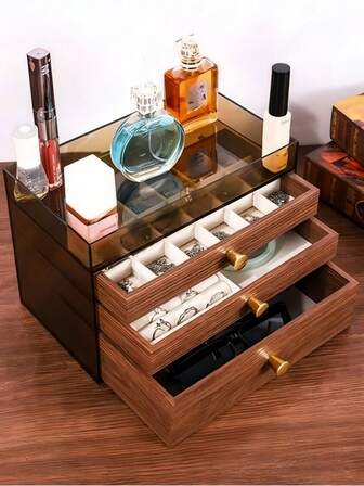 Ladies' Black Walnut Jewelry Box, 3-Layer Wooden Storage Rack With PET Cover, Used For Storing Gifts Such As Watches, Necklaces, Rings, And Earrings