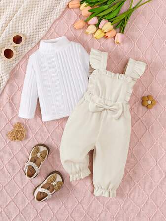BrownBark 2pcs Baby Girls Solid Color Outfit, Includes Turtleneck Long Sleeve Top + Suspender Pants With Big Bow, Suitable For Outings And School Season, Perfect Outdoor Gift