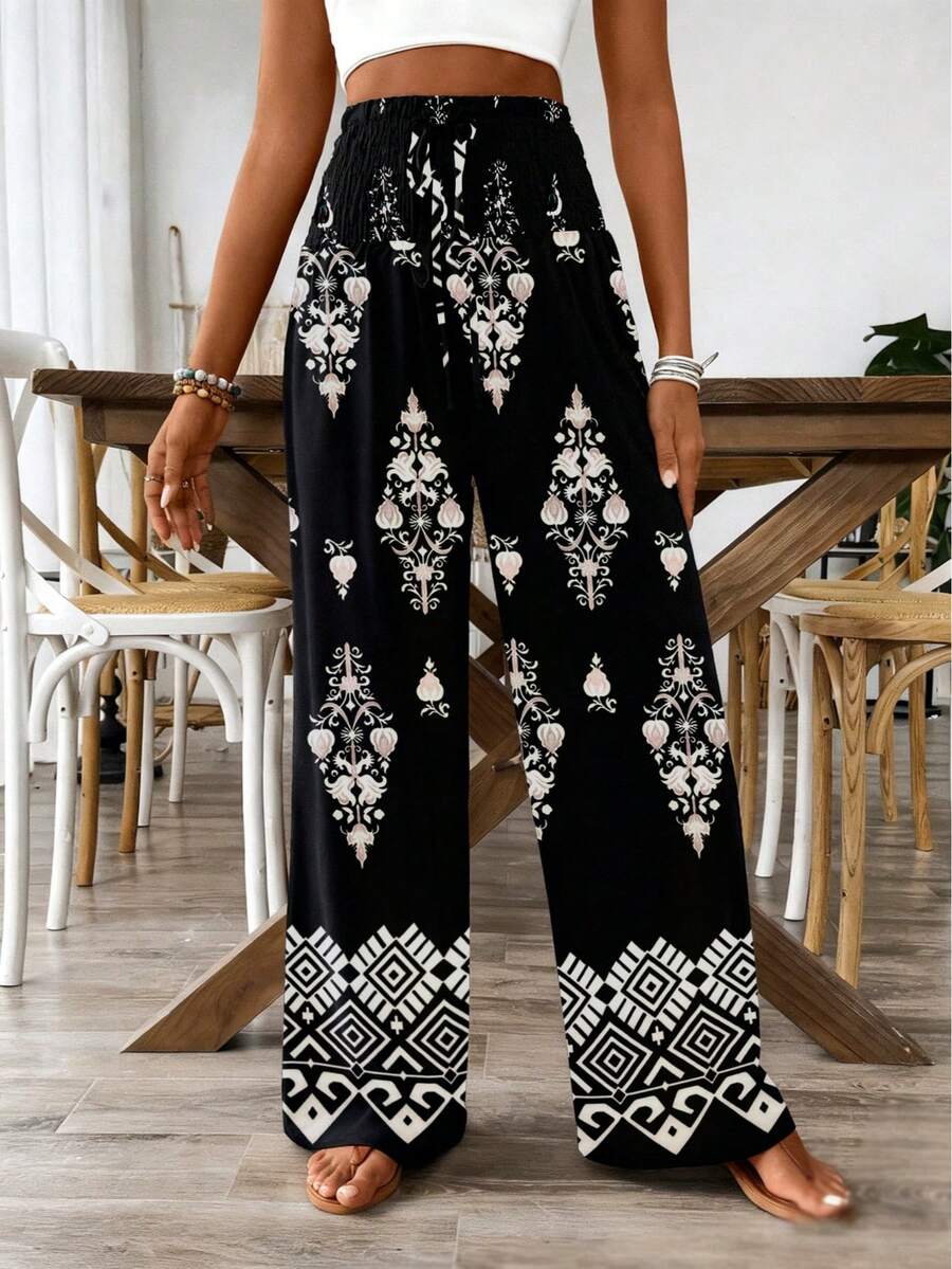 Women's Commuter Waist Cinched Fashionable Casual Printed Pants, Wide Leg Trousers - Black - View 1
