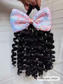 1个8英寸儿童深波浪马尾辫，带闪亮蝴蝶结发夹，可打造蓬松卷曲的非洲风情，适合女孩。 - 自然黑 - 查看 3