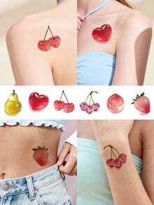 STARTTOOS 水晶糖果色纹身贴纸，晶莹剔透的水果图案，草莓樱桃梨心形Y2K少女临时纹身贴纸，适用于手腕、脚踝、肩膀、脖子、锁骨等部位，DIY日常派对节日礼物，防水逼真纹身贴纸 - 彩色 - 查看 1