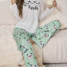 两件套可爱卡通印花长袖睡衣套装，女士休闲家居服 - 白色 - 查看 2