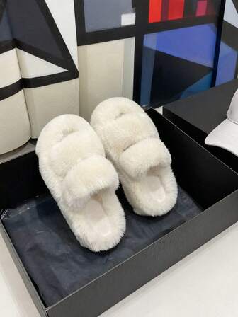 Chanclas de suela gruesa con forro de borreguillo para otoño/invierno, diseño plano y casual de una correa, suela blanda y cómoda con puntera redonda, zapatillas de casa suaves y cálidas para mujer, adecuadas para el hogar/interior/exterior/dormitorio