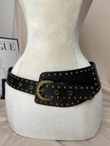 1 Stück Y2K Stil Punk Nieten Dekor Taillengürtel, asymmetrischer Taillengürtel, modisches Accessoire für Herbst, Herbst, Halloween - Schwarze silberne Schnalle - Übersicht 9