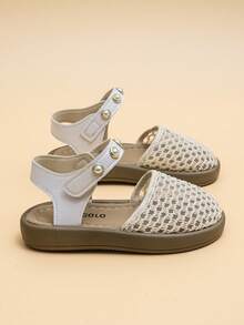 2025新款米色轻盈奢华珍珠女童凉鞋，米色网眼透气材质，可调节珍珠绑带，宽楦防滑软底平底凉鞋，甜美风格，夏季必备单品 - 米色 - 查看 5