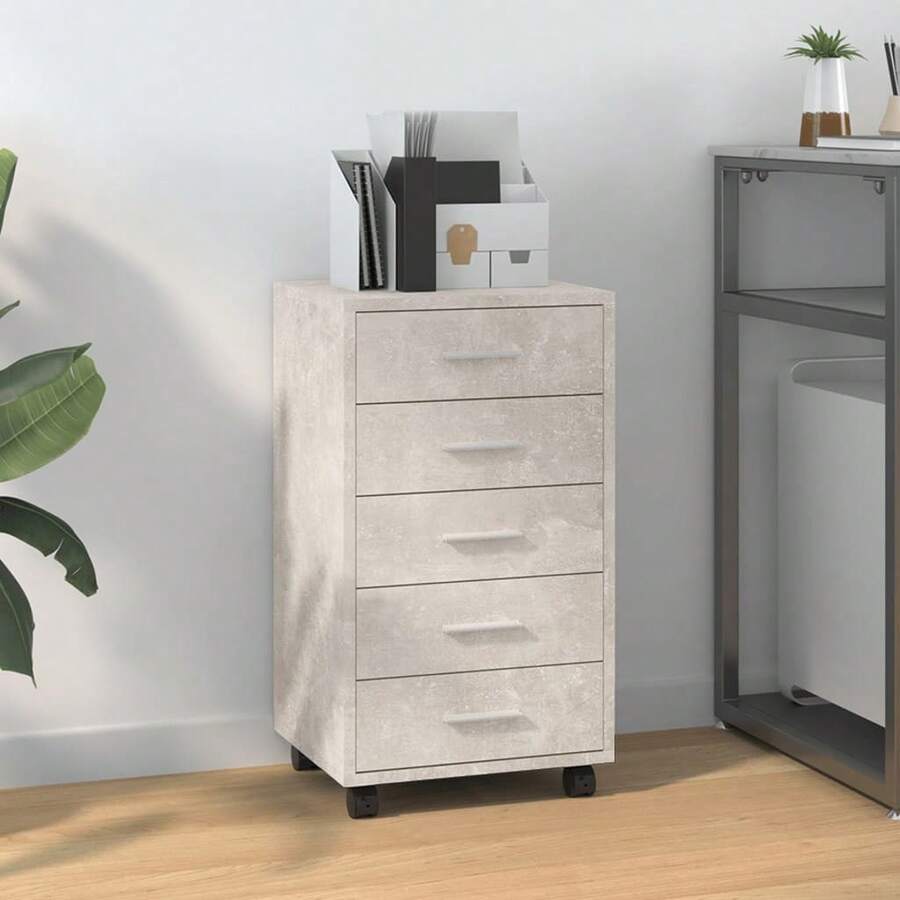 Drawer Cabinet With Castors Concrete Grey Engineered Wood - Grey - View 1