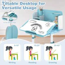 Lifezeal Kid's Study Desk & Chair Set With Tilt Desktop, Pen Holder & Tray, Reading Stand - 藍色 - 查看 6