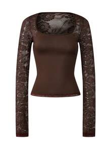 Women's Y2k Lace Patchwork Blouse Top Square Neck Long Sleeve Crop Tops Slim Fit T-Shirts Fall Casual See Through Going Out Tops Club Streetwear Fall Spring Basic Tops Fairy Aesthetic Clothes - 咖啡棕 - 查看 4