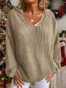 Plus Size Women's Solid Drop Shoulder Long Sleeve Hollow Out Hooded Sweater - Khaki - View 2