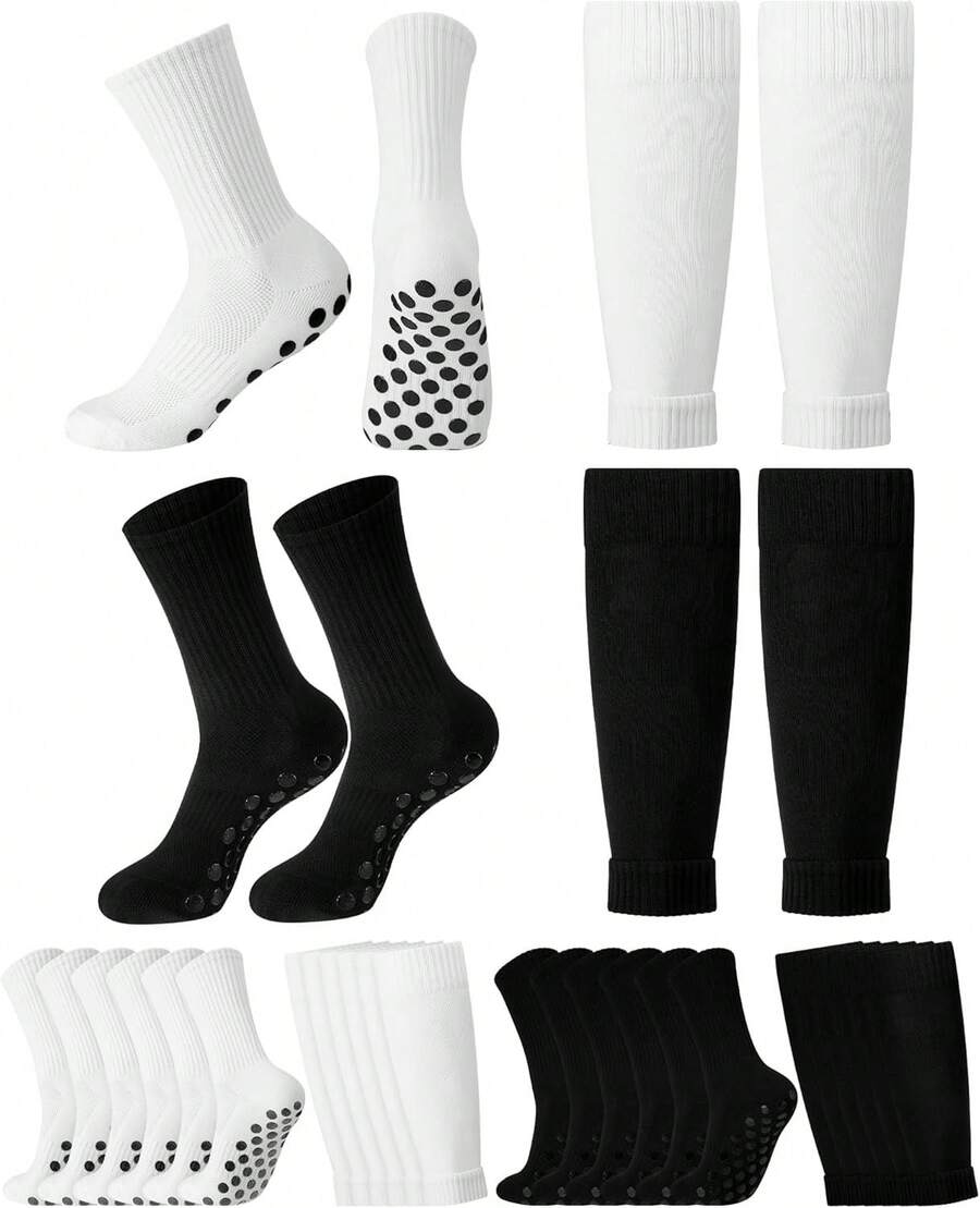 Eurzom 4 Pares De Calcetines De Fútbol con Agarre Y Espinilleras para Hombre, Antideslizantes, Blancos Y Negros, con Mangas De Compresión para Fútbol, Baloncesto Y Fútbol. - 1 - Ver 1