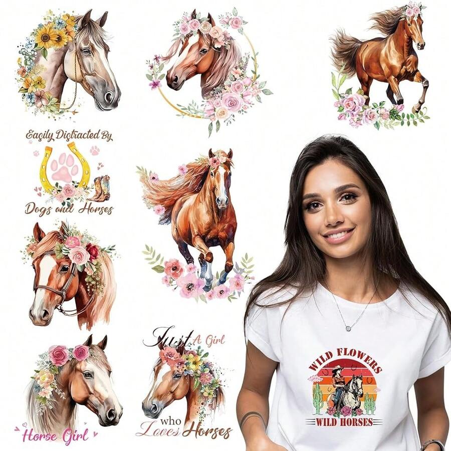 Dtf Transfers Ready To Press - 9Pcs Horse Iron On Transfers For T-Shirts Western Heat Transfer Vinyl Stickers Watercolor Iron On Patches Decals For Clothes Pillow Bag DIY Crafts Fabric Decor,Horse - Ngựa - Xem 1