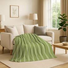 1pc Modern Mint Green & Striped Flannel Blanket - Soft Warm All-Season Lightweight Breathable Durable Throw For Sofa, Bed, Office, Camping, Travel - Machine Washable Contemporary Home Decor Gift - As Shown - View 5
