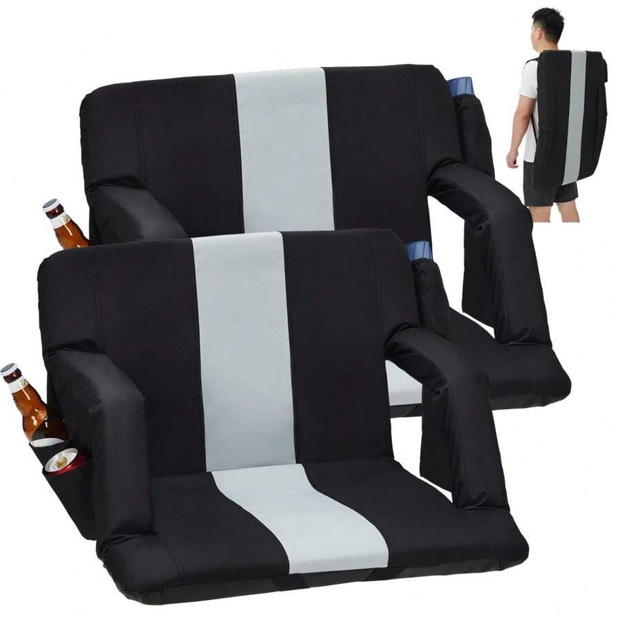 ShiningLove Wide Bleacher Seats With Back Support – 2-Pack Reclining Stadium Chairs, Padded Cushion, Anti-Slip Base, 6 Adjustable Angles, Armrests & Storage Pockets For Sports Events - 黑色/灰色 20吋寬 - 查看 1