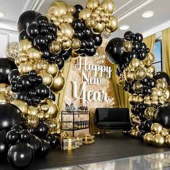 106pcs Of Black And Gold Metal Balloon Set. Black And Gold Balloon Decorations Suitable For Weddings, Engagements, New Year's, Christmas, Valentine's Day, Halloween, Thanksgiving, Graduation Ceremonies - No Electricity Required