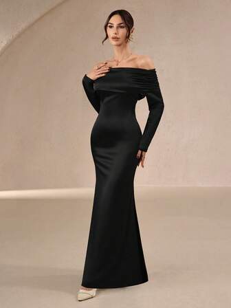 Sexig och elegant höst-vinterklänning i satin för kvinnor – Enfärgad, smal passform, långärmad, bar axel, midja, tvinnad fiskbenskant, rosettdekoration baktill, lämplig för bröllop, fester och sammankomster, sjöjungfrubröllop på nyår