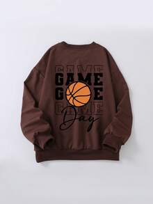 Tween Boys Casual Sporty Style Basketball Pattern Round Neck Long Sleeve Sweatshirt Autumn And Winter Student Boys Clothes - Brown - View 2