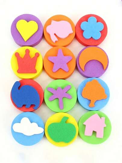 6件套随机颜色EVA泡沫印章套装 - 心形、星形、花朵、几何图案，适用于DIY艺术、绘画和手工项目，工艺印章套装 | 鲜艳的泡沫设计 | EVA泡沫印章，泡沫绘画