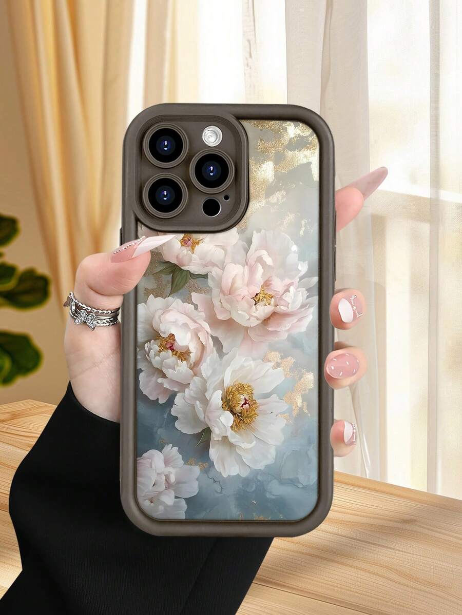 1 pieza funda de teléfono con diseño de peonías en tonos rosados y blancos sobre fondo azul claro con detalles dorados, estilo lujoso y refinado, TPU suave, protección completa antiimpacto y antideslizante, compatible con iPhone17 ProMax/16/15/14/13/12/11/Plus/Pro/ProMax, compatible con Galaxy A34/A35/A54/A55, Galaxy S20/S21/S22/S23/S24/S25 Ultra/Plus, compatible con Galaxy/Redmi/Honor/OPPO/ViVo - Marrón - Ver 1