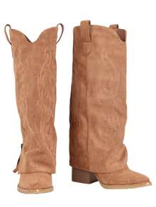 Women's Cowboy Boots Wide Calf Side Zipper Pointed Toe Pull On Boots Western Country Classic Embroidery Retro Flower Fashion Summer Country Concert Boots For Women - 駝色 - 查看 9