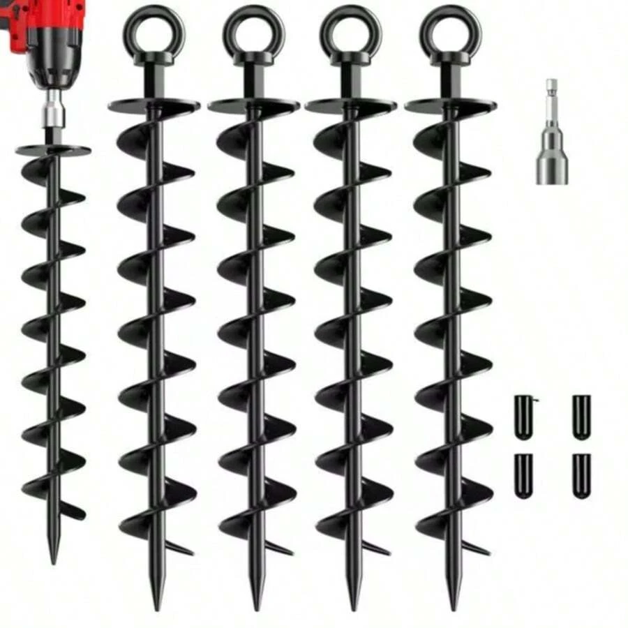 4件/套、6件/套 15英寸重型螺旋地锚，适用于帐篷、蹦床、户外地桩、花园立柱及牢固锚固，黑橙色