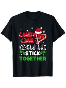 Camiseta familiar navideña con diseño de corazón de bastón de caramelo, pijamas navideños familiares, pijamas de temporada, estampado festivo, ropa de dormir casual, ajuste cómodo, costuras duraderas, conjunto de pijamas, camiseta navideña - Negro - Ver 1