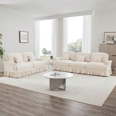 Classic 2-Tier Modular Living Room Sofa Set With Three-Piece Armchairs, Abnehmbarer Rüschenschürze & Spindelförmigen Beinen – 3-Sitzer & 2-Sitzer Loveseat Aus Chenille,Weiß