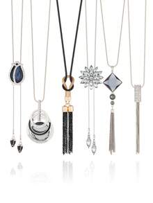 1件/6件套镀银水钻花朵流苏吊坠项链，女士珠宝礼品