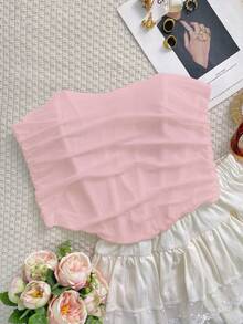 Plus Ruched Mesh Shapewear Bandeau Corset Top - Baby Pink - View 4