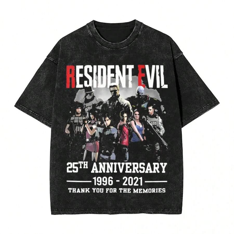 Resident Evils 25th Anniversary 1996 2021 Washed T Shirts Streetwear Novelty T-Shirt Resident Evils Tees For Men Oversize Summer - Black - View 1