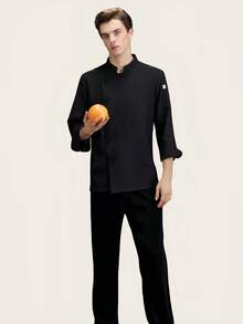 New Black Fashion Chef Uniform Unisex Long Sleeve, Suitable For Autumn/Winter, High-End Hotel, Restaurant, Cafe, Bakery, Flower Shop, Comfortable, Breathable, Stylish Stand Collar Design, Easy To Wear And Take Off, Exquisite Custom Buttons, Smooth Texture, Simple Cuff Design, Loose And Comfortable Fit, Free Movement - Black - View 6