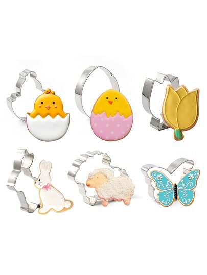 6pcs Easter Cookie Cutter Set, Stainless Steel Baking Molds, Rabbit, Egg Shaped Cookies DIY Craft Gift, Durable & Easy To Clean Baking Tools, Easter Bunny, Chick, Egg Cookie Cutters, Baking Party Decor