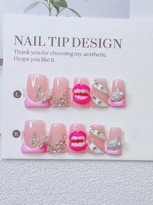 10片装Y2K风鸭嘴美甲套装 - 手工制作，粉色美甲，粉色法式美甲，手工3D嘴唇和牙齿，手绘3D水滴图案，银色蝴蝶和小猫图案装饰，闪亮水钻和爱心图案点缀，适合派对和休闲装扮，是送给女性和女孩的完美节日礼物，DIY美甲套装，包含工具包。鸭嘴美甲。手工亚克力美甲贴片。假指甲。美甲用品 - 彩色 - 查看 3
