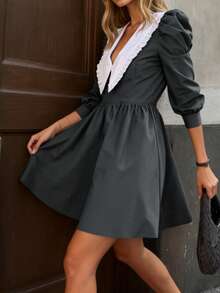 2025春秋新款时尚优雅法式娃娃领撞色短袖A字迷你连衣裙，女士秋季服装，万圣节服装，新年服装，派对礼服，毕业礼服，正式优雅连衣裙，沙特国庆日服装，户外服装，优雅，正式，女士优雅服装，女士优雅连衣裙，情人节服装