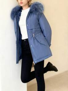 Parka acolchada de invierno Chaqueta de algodón Suelta Chaqueta de algodón Abrigo Abrigo de algodón de largo medio para mujer Nuevo estilo invernal con forro polar y diseño grueso Cuello de piel grande Chaqueta de algodón de estilo coreano Parka de largo medio con capucha, cremallera y botones Bolsillos y cuello de piel Parka inspirada en la ropa de trabajo Corte holgado y cálido - Azul - Ver 8