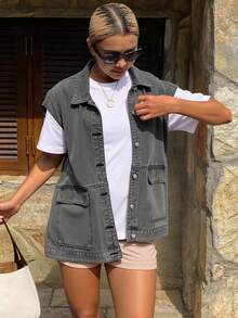 Livesso Women Vest Denim Jacket With Flap Coats Fall/Winter - Grey - View 7